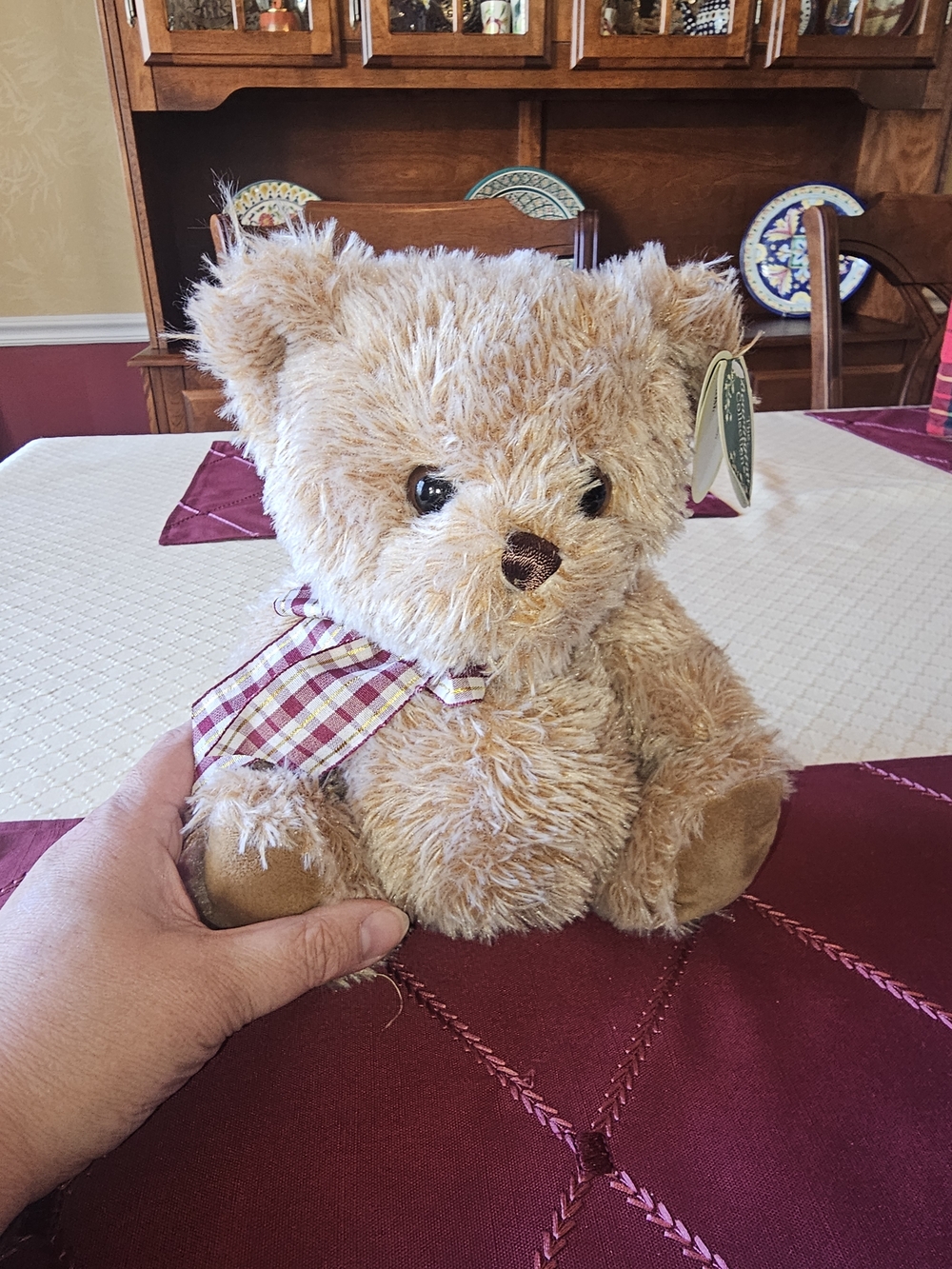 Bearington 2007 "Shaggy" Plush Tan Teddy Bear with Plaid Bow